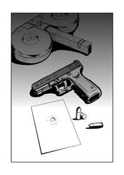  beta_magazine bullet bullet_hole comic drum_magazine extended_magazine glock gun handgun monochrome no_humans original specterz weapon 