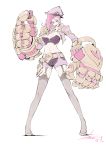  1girl alternate_costume belt breasts cigarette doughnut garter_straps gauntlets hat highres large_breasts league_of_legends legs loiza long_hair long_legs looking_at_viewer navel pink_hair short_shorts shorts signature simple_background smile solo vi_(league_of_legends) white_background 