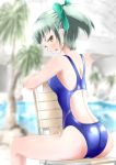  1girl ass back_cutout brown_eyes competition_swimsuit from_behind green_hair houming kantai_collection looking_at_viewer one-piece_swimsuit ponytail short_hair sitting swimsuit yuubari_(kantai_collection) 