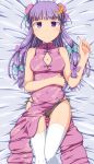  1girl alternate_costume bare_shoulders black_panties blush breasts bun_cover china_dress chinese_clothes cleavage covered_navel crescent double_bun highres long_hair lying on_back panties patchouli_knowledge purple_hair solo thigh-highs thigh_gap touhou toukaze_koori underwear violet_eyes white_legwear 