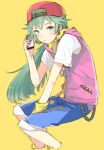  1girl aqua_eyes aqua_hair casual cellphone hat hatsune_miku kagerou_days_(vocaloid) long_hair phone project_diva project_diva_f_2nd simple_background solo sowosuke vocaloid yellow_background 