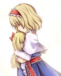  1girl alice_margatroid azutan blonde_hair blue_eyes bow capelet closed_eyes doll_hug dress hair_bow hairband lolita_hairband long_hair long_sleeves looking_at_viewer profile sash shanghai_doll short_hair simple_background solo touhou white_background 