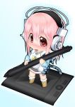  1girl blush breasts chibi headphones kai_(link2262) long_hair looking_at_viewer nitroplus open_mouth pink_eyes pink_hair solo stylus super_sonico tablet wacom wavy_mouth 
