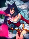  1girl ahri animal_ears blown_kiss breasts cleavage detached_sleeves fox_ears fox_tail heart irahi korean_clothes league_of_legends lips long_hair multiple_tails puckered_lips showgirl_skirt solo tail watermark web_address wink yellow_eyes 