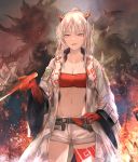  1girl :d arknights bandeau bangs belt body_markings braid breasts dragon fire highres holding horns jacket jewelry kiyakyuu long_hair looking_at_viewer medium_breasts midriff multicolored_hair navel nian_(arknights) open_clothes open_mouth pointy_ears redhead shorts silver_hair smile solo strapless streaked_hair tongue tubetop violet_eyes white_shorts 
