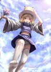  1girl absurdres blonde_hair blue_sky clouds flower from_below hair_ribbon hat highres long_sleeves looking_at_viewer midriff moriya_suwako navel open_mouth panties ribbon shirt skirt skirt_set sky smile soim solo thigh-highs touhou underwear upshirt upskirt vest white_legwear white_panties wide_sleeves yellow_eyes 