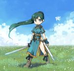  2girls boots chibi earrings fingerless_gloves fire_emblem fire_emblem:_rekka_no_ken florina gloves green_eyes green_hair hagino_chiyoko high_ponytail jewelry katana long_hair lyndis_(fire_emblem) multiple_girls pegasus pegasus_knight ponytail sheath sword weapon 