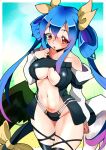  1girl asymmetrical_wings bare_shoulders blue_hair bow breasts choker dizzy guilty_gear hair_bow long_hair navel red_eyes ribbon shie_(m417) solo tail tail_ribbon thighhighs twintails underboob wings 