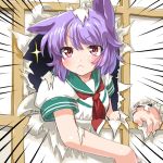  &gt;:&lt; 1girl :&lt; animal_ears ascot blush cat_ears dd_(ijigendd) emphasis_lines fingernails kantai_collection kemonomimi_mode personification purple_hair red_eyes school_uniform serafuku short_hair solo sparkle tama_(kantai_collection) 