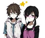  1boy 1girl amamiya_hibiya asahina_hiyori brown_eyes glasses hoodie kagerou_project long_hair short_hair star twintails wonoco0916 