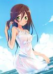  1girl absurdres artist_request bare_shoulders blue_sky brown_hair clouds dress dutch_angle green_eyes hair_between_eyes highres leaning_forward long_hair ocean original scan see-through see-through_silhouette sky smile solo sundress wading water wet wet_clothes wet_dress white_dress 