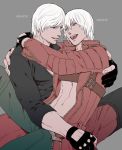  2boys abs blue_eyes chaps character_name dante devil_may_cry devil_may_cry_3 devil_may_cry_4 eye_contact facial_hair fingerless_gloves gloves grey_background hug kinokooooo leg_up legs_apart long_coat long_sleeves looking_at_another male multiple_boys muscle navel older open_mouth shirtless short_hair sitting smile stubble white_hair zipper 