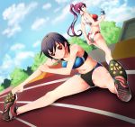  2girls adjusting_buruma adjusting_clothes ass bakemonogatari black_hair blue_eyes blush breasts buruma kanbaru_suruga koflif large_breasts long_hair looking_at_viewer monogatari_(series) multiple_girls navel purple_hair red_eyes senjougahara_hitagi shoes short_hair smile sports_bikini stretch track 