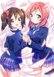  2girls blush bow breasts brown_hair fang feathered_wings feathers hair_bow holding_hands looking_at_viewer love_live!_school_idol_project multiple_girls nishikino_maki open_mouth pink_hair plaid plaid_skirt red_eyes school_uniform short_hair skirt tamaran twintails violet_eyes wings yazawa_nico 