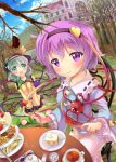  2girls blush bow cake cup food frills garden green_eyes green_hair hairband hat hat_bow kakao_rantan komeiji_koishi komeiji_satori multiple_girls pink_eyes pink_hair siblings sisters sitting tea_set teacup teapot third_eye touhou wariza wide_sleeves 