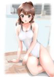  1girl brown_eyes brown_hair competition_swimsuit long_hair one-piece_swimsuit original ponytail reiji-sss swimsuit white_swimsuit 
