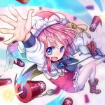  1girl atelier_(series) atelier_meruru atelier_rorona bag blue_eyes blush boots dress dynamite hat open_mouth pantyhose pink_hair rororina_fryxell short_hair smile solo suna_(sunagawa) white_legwear 