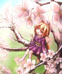  :3 :d animal_ears blonde_hair fang floral_print flower fox_ears fox_tail highres in_tree japanese_clothes kimono open_mouth original red_eyes short_hair sitting sitting_in_tree slit_pupils smile tail tree 