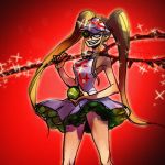  1girl ball blonde_hair breasts dress grin hakodate_omiko ipgae kill_la_kill long_hair lowres oversized_object racket scope sharp_teeth smile solo sparkle spikes tennis_ball tennis_racket twintails visor_cap 