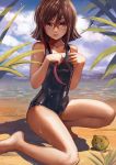  1girl barefoot blush brown_hair danann glasses gundam gundam_build_fighters hairband hairband_removed kousaka_china one-piece_swimsuit red-framed_glasses short_hair solo swimsuit wet 