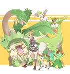  1girl bellossom blonde_hair dress_shirt gloves kantai_collection leafeon looking_at_viewer ludicolo maikaze_(kantai_collection) open_mouth outstretched_arms pokeblock pokemon pokemon_(creature) ponytail shaymin shirt short_hair skirt smile tropius tsukamoto_minori vest virizion white_gloves 