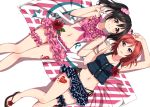  &gt;:) 2girls \m/ black_hair bow bracelet breasts buttons collarbone flower fupe_(sealno108) holding_hands interlocked_fingers jewelry looking_at_viewer love_live!_school_idol_project lying midriff miniskirt mound_of_venus multiple_girls nail_polish navel nishikino_maki on_back open_mouth panties pink_hair red_eyes sandals side-tie_panties skirt tattoo thigh_gap toes twintails underwear violet_eyes yazawa_nico 