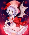  10ri 1girl ascot bat bat_wings blue_hair brooch dress dress_lift full_moon hat hat_ribbon jewelry looking_at_viewer mob_cap moon open_mouth pink_dress puffy_sleeves red_eyes red_moon remilia_scarlet ribbon sash short_sleeves smile solo touhou wings wrist_cuffs 