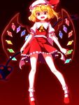  1girl ascot aura avalondeduko blonde_hair flandre_scarlet hat hat_ribbon highres laevatein looking_at_viewer mob_cap open_mouth puffy_sleeves red_eyes ribbon sash shaded_face shirt short_sleeves side_ponytail skirt skirt_set slit_pupils smile solo touhou wings 