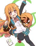  &gt;:3 &gt;:d 1girl :3 :d amatsuka_mao comic_book fang gj-bu komore long_hair looking_at_viewer open_mouth orange_hair plaid red_eyes ribbon school_uniform smile solo thigh-highs 