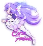  1girl :d arm_warmers boots character_name cure_fortune earrings guchurimu_genrishugi hair_ornament happinesscharge_precure! heart_hair_ornament highres hikawa_iona jewelry long_hair looking_back magical_girl open_mouth precure purple_hair purple_skirt skirt smile solo thigh-highs thigh_boots violet_eyes white_legwear 