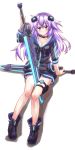  1girl between_legs boots breasts choujigen_game_neptune cleavage hair_ornament legs long_hair mizunashi_(second_run) neptune_(choujigen_game_neptune) purple_hair solo sword violet_eyes weapon 