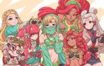 1boy 6+girls absurdres blonde_hair character_request gerudo gerudo_link harem_outfit highres link looking_at_another looking_at_viewer multiple_girls muscle muscular_female princess_zelda redhead short_hair tagme the_legend_of_zelda the_legend_of_zelda:_breath_of_the_wild urbosa yoshizawa_miyabi 