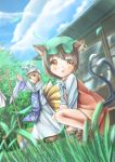  2girls :o animal_ears blonde_hair blue_sky blurry blush bow brown_hair cat_ears cat_tail chen clouds depth_of_field dutch_angle east_asian_architecture fox_tail grass hat hat_with_ears highres jewelry kirimori_toya ladybug long_sleeves looking_away mob_cap multiple_girls multiple_tails shoes short_hair single_earring skirt skirt_set sky squatting tabard tail touhou tree yakumo_ran yellow_eyes 