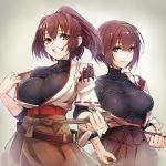  2girls black_shirt breasts brown_eyes brown_hair hair_ribbon highres hyuuga_(kantai_collection) impossible_clothes ise_(kantai_collection) japanese_clothes kantai_collection kimono large_breasts looking_at_viewer multiple_girls open_kimono personification ponytail ribbon rough short_hair simple_background skin_tight smile taishi_(artist) 