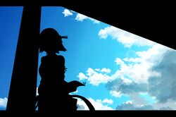  1girl blue_sky clouds hairband hiei_(kantai_collection) kantai_collection short_hair silhouette skirt sky solo tsukamoto_minori 