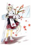  1girl animal_ears autumn_leaves detached_sleeves fang hat inubashiri_momiji leaf looking_at_viewer pom_pom_(clothes) red_eyes shield shirt short_hair silver_hair skirt solo sword tail tokin_hat touhou tree weapon white_shirt wolf_ears wolf_tail 