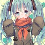  1girl green_eyes green_hair haruna0312 hatsune_miku highres long_hair paw_pose scarf sleeves_past_wrists solo twintails vocaloid 