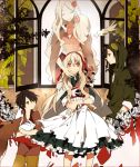  akina422 black_hair blonde_hair closed_eyes deer dress dual_persona flower hair_flower hair_ornament hoodie kagerou_project kozakura_mary kozakura_shion leaf long_hair mother_and_daughter multiple_girls rabbit red_eyes seto_kousuke short_hair smile souzou_forest_(vocaloid) time_paradox very_long_hair 