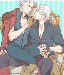 2boys arm_around_neck blue_eyes boots breasts chair chaps cleavage coat_on_shoulders dante_(devil_may_cry) devil_may_cry devil_may_cry_3 devil_may_cry_4 eye_contact facial_hair feeding fingerless_gloves food fruit gloves incest kinokooooo knee_boots legs_apart looking_at_another male multiple_boys muscle pants parfait pectorals short_hair siblings silver_hair sitting sitting_on_lap sitting_on_person strawberry striped striped_background stubble sweat unzipped vergil vest whipped_cream white_hair yaoi