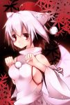 1girl :&lt; animal_ears autumn_leaves bare_shoulders blush breasts detached_sleeves hat inubashiri_momiji leaf looking_at_viewer no_bra pom_pom_(clothes) red_eyes short_hair silver_hair solo tail tokin_hat toufukin touhou wolf_ears wolf_tail 
