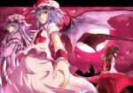  3girls ascot bat_wings blue_hair bow brooch brown_eyes brown_hair capelet crescent detached_sleeves dress full_moon hair_bow hakurei_reimu hat hat_ribbon jewelry long_sleeves mob_cap moon multiple_girls night open_clothes open_coat patchouli_knowledge pink_dress puffy_sleeves purple_hair ram_hachimin red_dress red_eyes red_sky remilia_scarlet ribbon short_sleeves sky striped striped_dress touhou violet_eyes wide_sleeves wings wrist_cuffs 