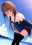  1girl absurdres artist_request beach bent_over black_legwear blue_sky breasts brown_hair cleavage clouds condensation_trail fisheye hair_between_eyes highres long_hair off_shoulder original pantyhose pantyhose_pull pleated_skirt scan see-through skirt skirt_lift sky sleeves_past_wrists solo wet wet_clothes 