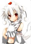  1girl animal_ears bare_shoulders blush breasts detached_sleeves happy hat inubashiri_momiji looking_at_viewer midriff navel pom_pom_(clothes) red_eyes short_hair silver_hair smile solo tail tokin_hat touhou wolf_ears wolf_tail 