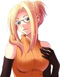  1girl bare_shoulders blonde_hair blue_eyes elbow_gloves final_fantasy final_fantasy_viii glasses gloves hand_on_own_chest quistis_trepe rena_(ryui) simple_background smile solo white_background 