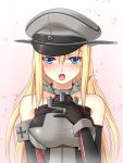  1girl bismarck_(kantai_collection) blonde_hair blue_eyes blush breasts detached_sleeves dotera-otoko gloves hat highres jewelry kantai_collection long_hair looking_at_viewer military military_hat military_uniform open_mouth peaked_cap ring solo uniform wedding_band 