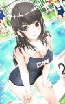  barefoot black_eyes black_hair blush breasts cleavage competition_school_swimsuit goggles gym_shorts hands_on_thighs higashi_tarou highres long_hair looking_at_viewer multiple_girls one-piece_swimsuit original pool poolside school_swimsuit solo_focus swimsuit 