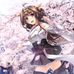  1girl ahoge bare_shoulders brown_hair detached_sleeves hairband highres japanese_clothes kantai_collection kobapyon kongou_(kantai_collection) long_hair nontraditional_miko open_mouth personification skirt smile solo thigh-highs 