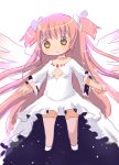  1girl bow choker dress goddess_madoka hair_bow kaname_madoka long_hair m-eine mahou_shoujo_madoka_magica pink_hair smile solo spoilers thigh-highs two_side_up wings yellow_eyes zettai_ryouiki 