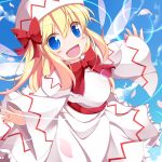 1girl blonde_hair blue_eyes blue_sky blush_stickers bow capelet clouds dress fairy hat hat_bow lily_white long_hair long_sleeves looking_at_viewer nikku_(ra) open_mouth outstretched_arms petals sash sky smile solo touhou white_dress wide_sleeves 