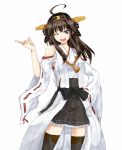 1girl ahoge bare_shoulders brown_hair detached_sleeves hair_ornament hairband headgear japanese_clothes kantai_collection kongou_(kantai_collection) long_hair nontraditional_miko open_mouth personification reikiba skirt smile solo thigh-highs 